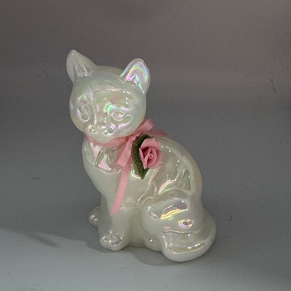 Fenton Other - Fenton Iridescent White Cat Figurine with Pink Accents
